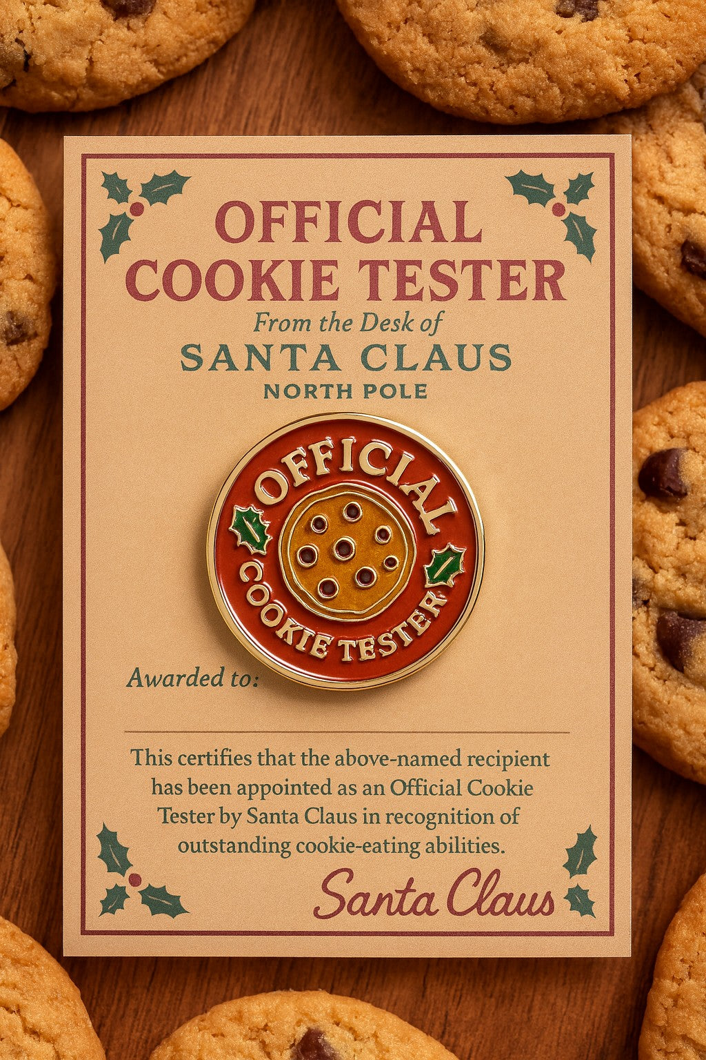 Official Cookie Tester Enamel Pin & Backing Card Gift Set