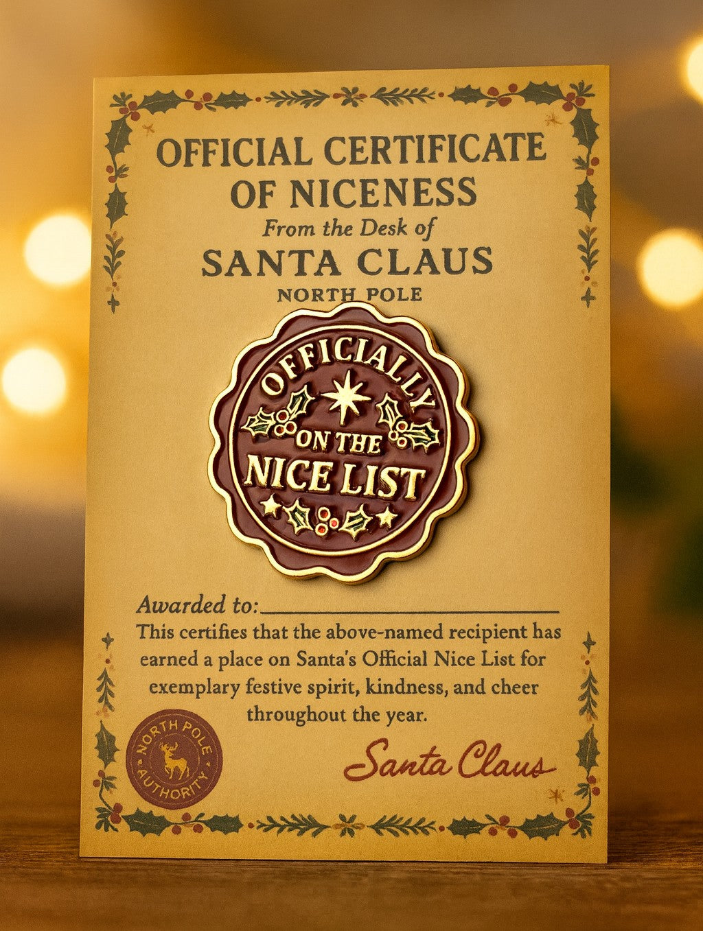 Certificate of Niceness from Santa Claus on a warm background