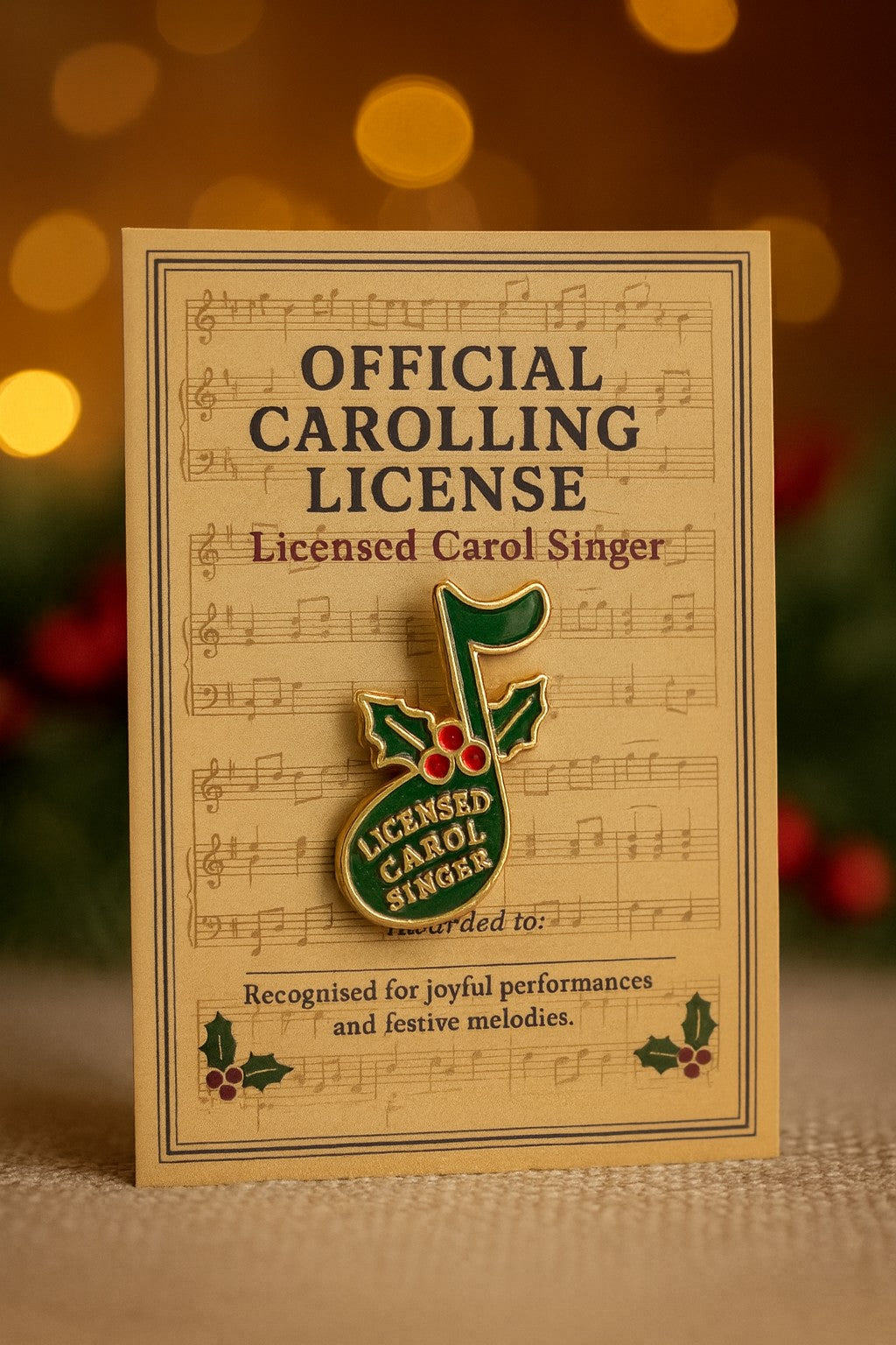 Carolling License Enamel Pin - Christmas Carol Singer Badge