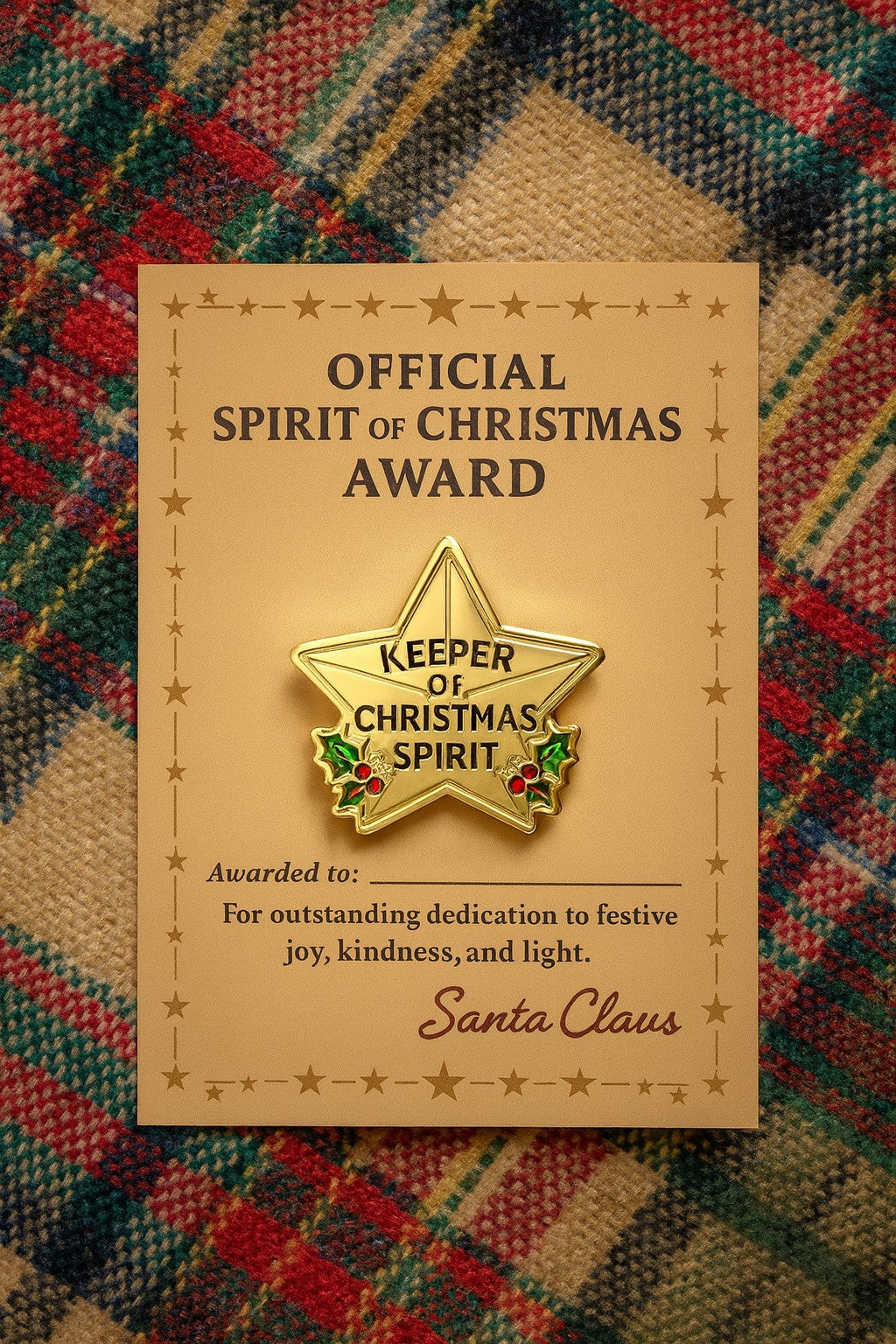Spirit of Christmas Award Pin: Personalizable Certificate Card