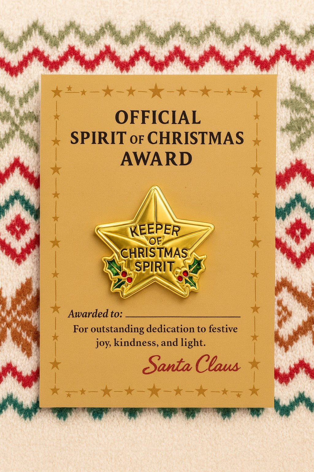 Spirit of Christmas Award Pin: Personalizable Certificate Card